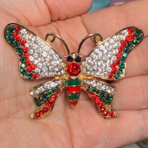 Butterfly Brooch Rhinestone Red Green Holiday Pin 2.5”